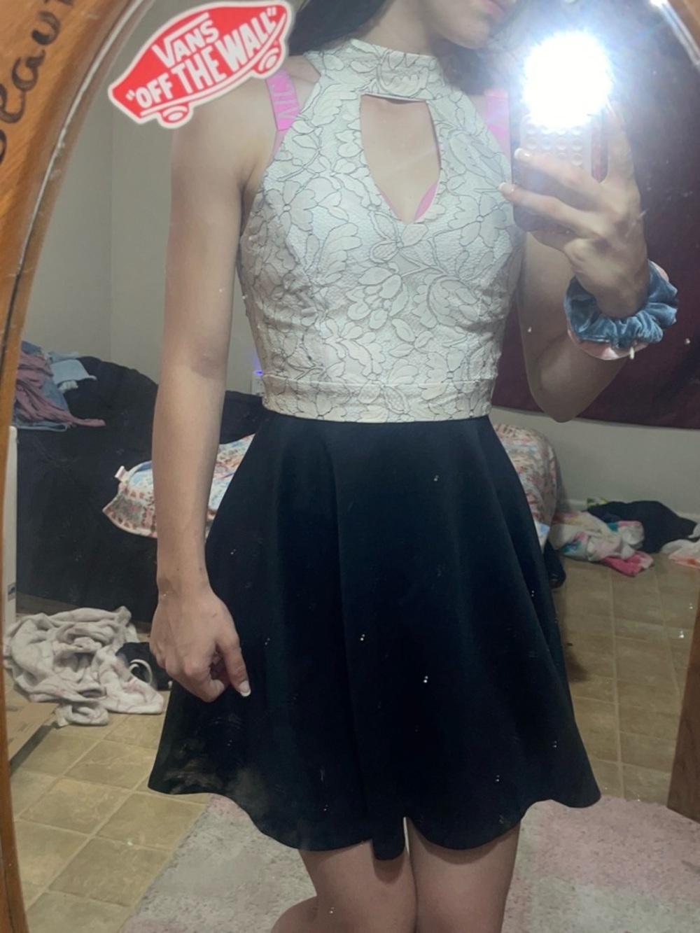 B. Darlin Cream Lace Dress with Black Trim